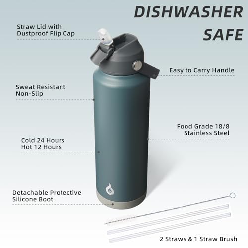 Image of BJPKPK Insulated Water Bottle with Straw Lid, 40oz Large Thermo, BPA Free Leak Proof Stainless Steel Metal Water Bottles, Tumblers, Cups, Flasks for Travel, Sports, Grey