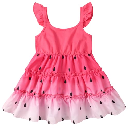 WISREMT Baby Girl Sleeveless Printed Summer Dress Ruffle Flying Sleeve Toddler Girl Watermelon Strawberry Sundress 1-5 Years