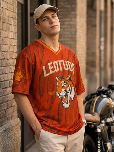 Image of LEOTUDE Men's Tiger Graphic Printed Oversized T-Shirt | Bold Red Sports Jersey Style Tee | V-Neck Half Sleeve Casual Streetwear for Men's (Color:Red)