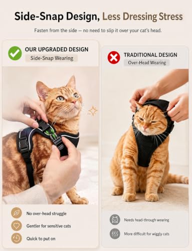 Cat Harness and Leash Set,Escape Proof Kitten Harness,Black | Side-Snap Adjustable Cat Harbess with Reflective Strips, Easy to Put On Without Pulling Over the Head for Outdoor Adventures - Image 4