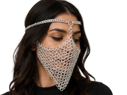 ARVX Medieval Chainmail Face Veil Headpiece โ Silver Gothic Chain Mask for Cosplay, Renaissance Faire, LARP & Fantasy Costume