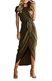 Minetom Womens Ladies Elegant Round Neck Short Sleeve Lace Up Dress Loose Solid Color Side Slit Maxi Dress Cocktail Party Ball Gown Army Green UK 14