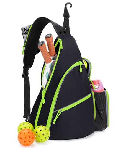 sportsnew Pickleball Bag for Men Women, Pickleball Sling Bag with Separate Paddle & Ball Compartment, Fence Hook, Phone Pocket for Quick Access, Waterproof Pickleball Backpack, Black‑Fluo