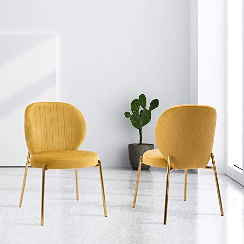 Dagonhil Velvet Dining Chair,Upholstered Vanity Chairs With Golden Metal Leg,Set Of 2 (Yellow) #TOP23