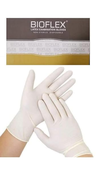 BIOFLEX Disposable Latex Non Sterile Examination Hand Gloves Pack of 100, Medium Size, Creamy White, Less Powdered, Meets with ASTM standards