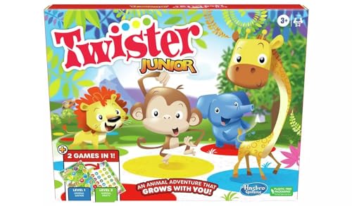 Hasbro Gaming Twister Junior Spiel Tierabenteuer 2-seitige Matte 2 Spiele in 1 Partyspiel Indoor-Spiel für 2-4 Spieler