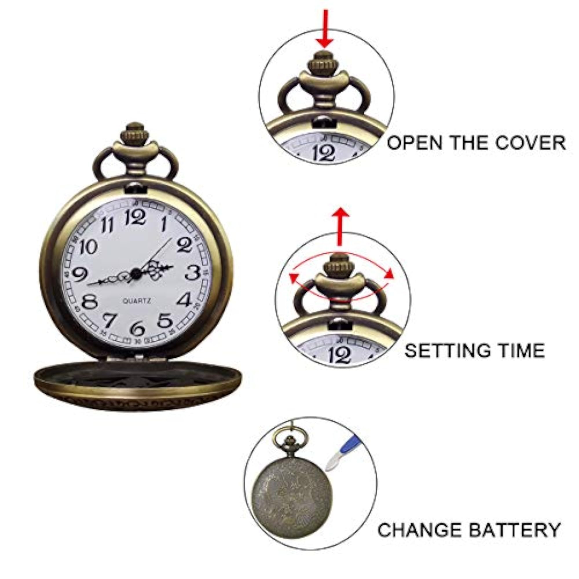 Retro Bronze Flower Openwork Pocket Watch with Chain