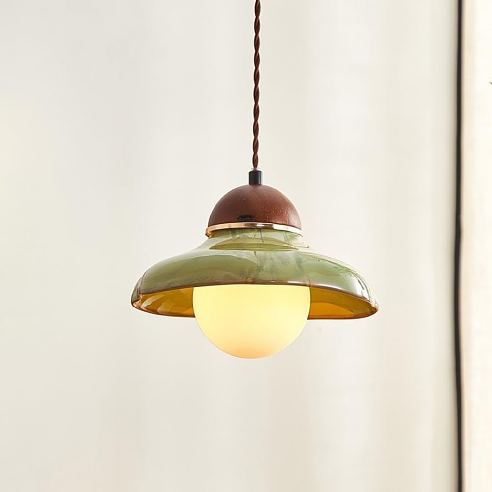 COSRUB Retro Ceramic Hanging Light Fixture, Green Porcelain Small Pendant Lamp Mid Century Cream Style Glossy Glaze Chandelier for Bedroom Bedside Entryway Cafe