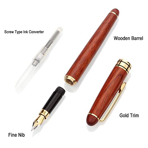 Advcer Fine Nib Fountain Pen With Wood 2In1 Pen Stand Gift Case, Vintage Rosewood Barrel Gold Trim Refillable Executive Fountain Pen And Showcase Set (Screw Type Ink Converter) For Business & Writing #TOP5