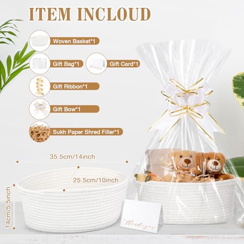 Image of Colingmill Woven Basket with Gift Bags and 2 Ribbons, Raffia Grass Paper Shred Filler, Gift Card, Empty Small Rope Basket for Storage Presents Toy Organizer(White,14 * 10 Inch)