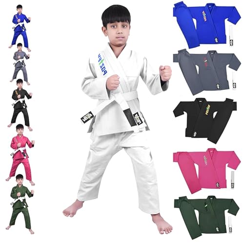 POZTEV Kids Brazilian Jiu Jitsu Gi For Kids BJJ Gi Youth Grappling Kimonos Preshrunk Lightweight Children Martial Arts Training Uniform With Free White Belt (W K1)