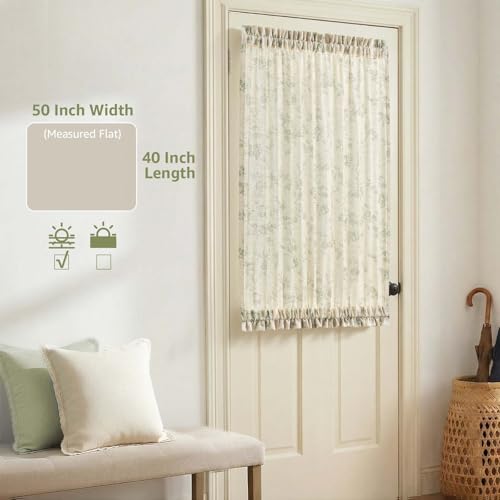 Image of jinchan Floral French Door Curtain Panel Farmhouse Decor Light Filtering Linen with Tie Up Bow for Glass Door or Patio 40 Inch Length Rod Pocket 1 Panel Green on Linen