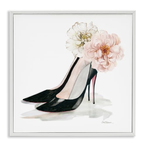 'Pink Floral Black Heels Chic Fashion Shoes'| Framed Giclee Art