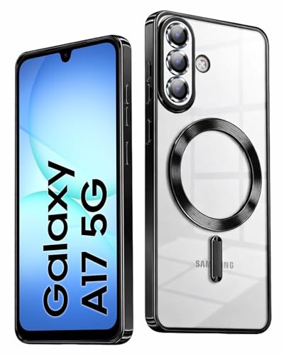 Image of VONZEE Clear Logo Electroplating Transparent Case for Samsung A17 5G, Magnetic Plating [Support for MagSafe Charger] Electroplate TPU Cover, Individual Camera Protection for Each Lens - Black