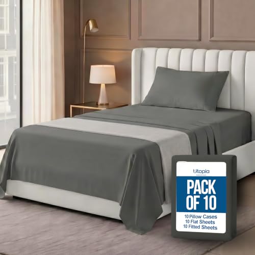Image of 10-Pack Twin Size Hotel Sheet Set, Soft Brushed Microfiber Commercial Sheets, Resort Quality Bedding, Deep Pocket, Shrink & Fade Resistant, Easy Care, Grey