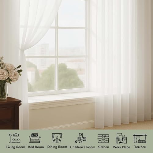 Image of OWENIE Extra Long Ivory Sheer Curtains 144 inch 2 Panels Set, Translucent Backdrop Window Scarf Drapes for Canopy Bed /Wedding /Living Room /Anniversary, 12FT Length, Each 59Wx144L in, 2PCS, Ivory