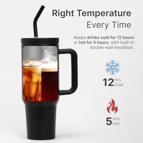 Image of Cult 1200ml Stainless Steel Insulated Tumbler with Handle, Straw & Cleaner Double Wall Vacuum Bottle for Hot & Cold Drinks Leakproof Travel Mug Reusable for Gym, Office & Travel Black