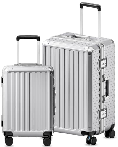 Image of Luggage Sets with Spinner Wheels, 8010S Aluminum Frame Zipperless Polycarbonate Hard Shell Suitcase Sets (ZX-Core, Silver, 2 Piece (20 /28))