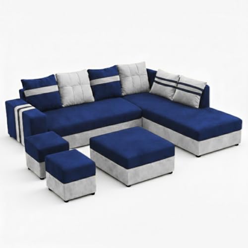 Image of Stova Luxe Velvet-Suede Fabric 8 Seater RHS Sofa Set | with 2 Ottomans& Centre Table| Comfortable & Spacious Seating | Modern Sofa Set for Living Room - Light Grey & Dark Blue