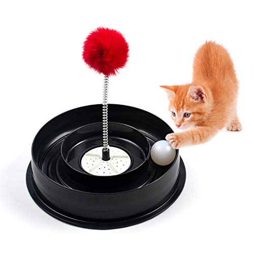 Roamwild 4 EN 1 Juguete para Jugar al tazón del Gato silencioso Juego Interactivo de Bola Estimulante con Pompom Juguete para Gatitos con diversión Compartimiento de liberación de olores a Catnip