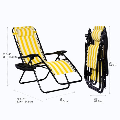 Nazhura Set of 2 Relaxing Recliners Patio Chairs Adjustable Steel Mesh Zero Gravity Lounge Chair Beach Chairs with Pillow and Cup Holder (Yellow Stripe)