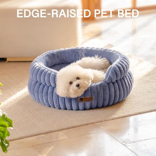 MEWOOFUN Stilvolle Katzenbetten für Katzen, weiches rundes Hundebett für kleine und mittelgroße Hunde, waschbares, beruhigendes Haustierbett (Blau, L)