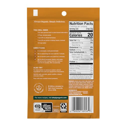 Image of Simply Organic Mild Chili Seasoning Mix, 1-Ounce 12-Pack, Organic Cumin, Paprika, Cloves, Allspice, Warm, Hearty Taste