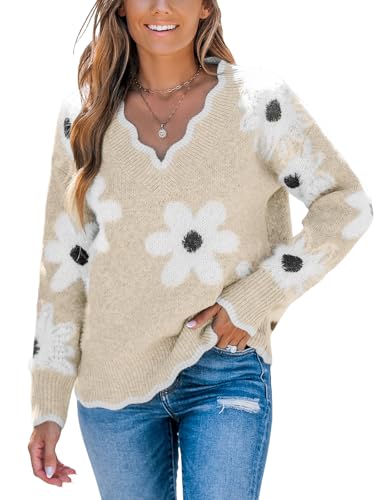 Image of CUPSHE Sweaters for Women Long Sleeve Pullover Knit Tops | Floral Scalloped V Neck Pullover Sweaters, Soft and Cozy Fabrics, Relaxed Fit, Fall Clothes, Winter Clothing, Cute Fashion