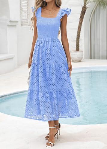 Lazysmile Women's Tiered A Line Lined Eyelet Smocked Summer Boho Maxi Dress w/ Pockets (Various) - image 8