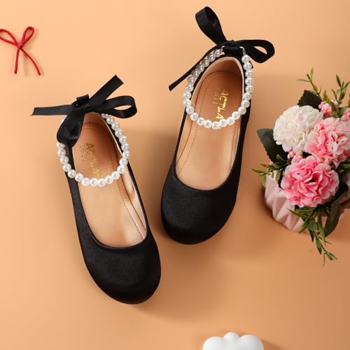 Toddler Girls Dress Shoes Flower Girls Kids Mary Jane Ballet Flats Wedding Party Communion Princess Shoes(Black Silk,Toddler 10)4