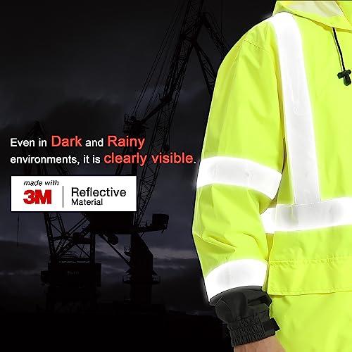 Image of Reflective Rain jackets for men waterproof,Hi Vis Rain Coat With 3M Reflective Strips，High Visibility Class 3 Rain Gear With 2 large pockets，Zipper,Black Bottom Lime，Medium