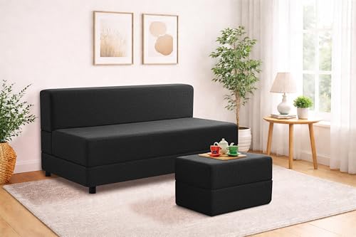 Image of 5X6-Feet Leg Sofa Cum Bed with Ottoman | Jute Fabric 3 Seater Convertible Sofa Bed | Modern Space Saving Furniture for Living Room | Black