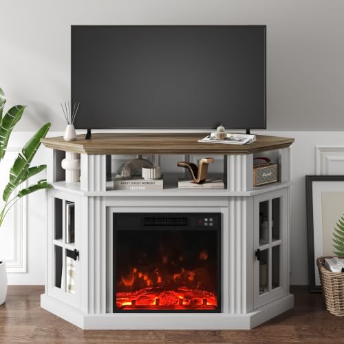 Image of YESHOMY Corner Fireplace TV Stand for Television up to 55 inch with Storage Cabinets, Entertainment Center, Media Console for Living Room, Bedroom, White&Rustic