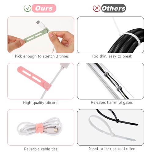 Molain Herbruikbare kabelbinders, 20 stuks verstelbare siliconen kabelriemen, draadorganizer voor oplaadkabels, oortelefoon, computer, bureau, kabelbeheer, reisaccessoires (geel+roze+paars+groen) - Afbeelding 4