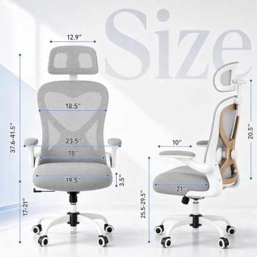 Image of Ergonomic Office Chair for Long Hours and Back Pain Relief, Space-Saving Design with Adjustable Lumbar Support, Flip-Up Arms, 3D Headrest, Tilt & Rock, 330 LBS, Gray /Gold