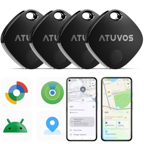 ATUVOS Smart Tag Android Tracker Air Tag Traceur Lot de 4, Fonctionne avec l’app Google et Apple Localiser, Localisateurs Bluetooth pour Les...