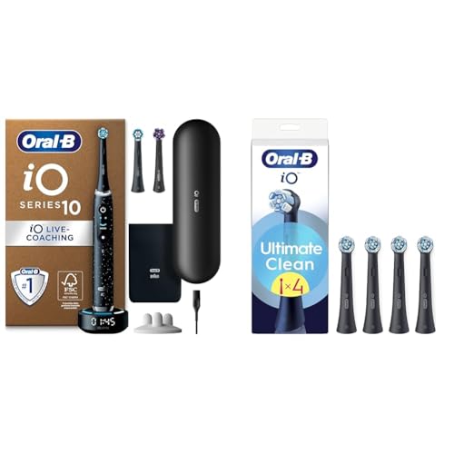 Oral-B iO 10 Cepillo de Dientes Eléctrico con Mango Recargable, 3 Cabezales de Recambio y Estuche de Viaje con Cargador + Pack de 4 Recambios