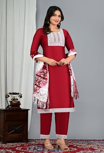 Image of Women's Silk Embroidered Kurta with Pant and Dupatta Set, Straight Style