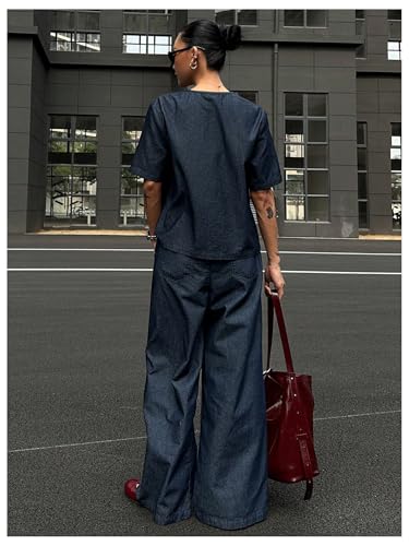 WDIRARA Women's 2 Piece Denim Outfits V Neck Button Down Shirt Wide Leg Pants Set3