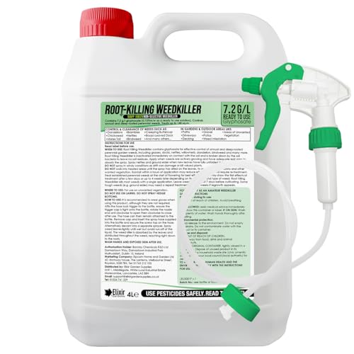 Elixir Gardens 4 Litre Deep Root Killing Glyphosate Weed Killer | 7.2g/l Herbicide & Weedkiller | Ready to Use Formula Supplied with Spray Head & Hose | 4L Bottle x 1