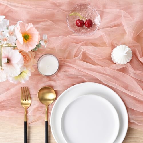 Joanlody Coral Pink Cheesecloth Table Runner Spring Easter 10Ft Rustic Gauze Boho Cheese Cloth Table Runner for Wedding Bridal Baby Shower Decoration 4 Pack