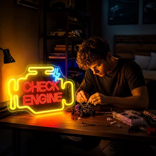 Image of Check Engine Neon Sign, JGHTURIE Man Cave Neon Signs for Wall Decor Garage Car Room Yellow Light Up Sign Auto Repair Workshop Led Signs USB Powered