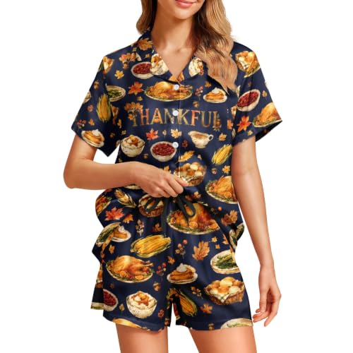 Image of Funny Pajamas for Women Set Print Satin Loungewear Pjs Short Sleeve Button Down Top and Shorts Sets Sleepwear XS-3XL