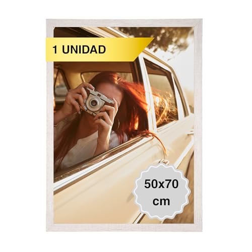 MARCOFOTO Marco de Fotos 50x70 cm Blanco Rústico Portafotos de Pared en MDF con Plexiglas - Ideal para Diplomas, Títulos Universitarios, Pósters y Fotografías - Decoración Hogar y Oficina