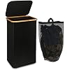 Panier à Linge 100L Avec Couvercle - Grand Corbeille Pliable En Bambou Avec Sac Amovible Noir