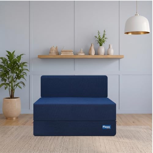 Image of Starlon 1 Seater Foldable Sofa Cum Bed 3-in-1 with 1 Waves Pattern Pillow, Washable Jute Fabric Cover, Space Saving Guest Bed, Pre-Assembled Royal Navy Blue 3x6 Ft