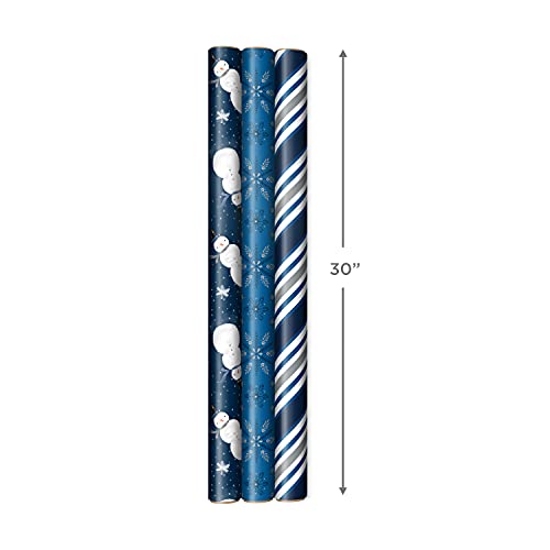 Hallmark Navy Blue Christmas Wrapping Paper Set (90 sq. ft. ttl, 10 Bows, 4 Ribbon Colors, 40 Gift Tag Stickers) Snowman, Stripes, Snowflakes, (0005JXW1198)