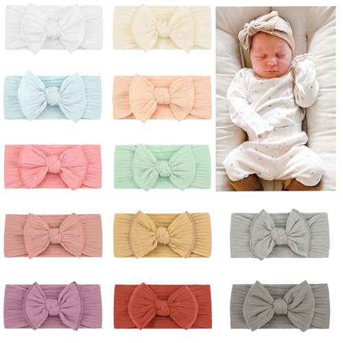 Image of Ayesha HAIRBAND 12pcs - Soft Nylon Hairbands with Bows for Baby Girls, Newborn Toddlers, Infant - Ultra Soft, Breathable, Stretchy, Boho Designs - Hair Accessories for Babies
