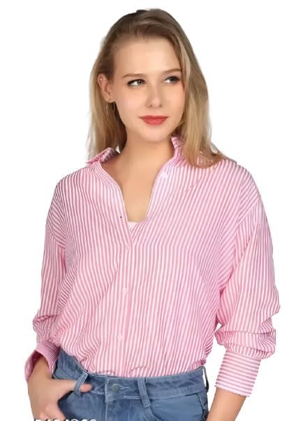 Women's Striped Shirt, Pink and White, Collared, Long Sleeve, Casual Button-Down Top-picture-47