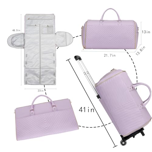 Pro Rolling Garment Bag - Detachable Handle & Extended Base, Waterproof PVC Leather with Shoe/Cosmetic Pockets, Silent Wheels for Air Travel/Weddings (48.5" Hanging System)（Purple）3